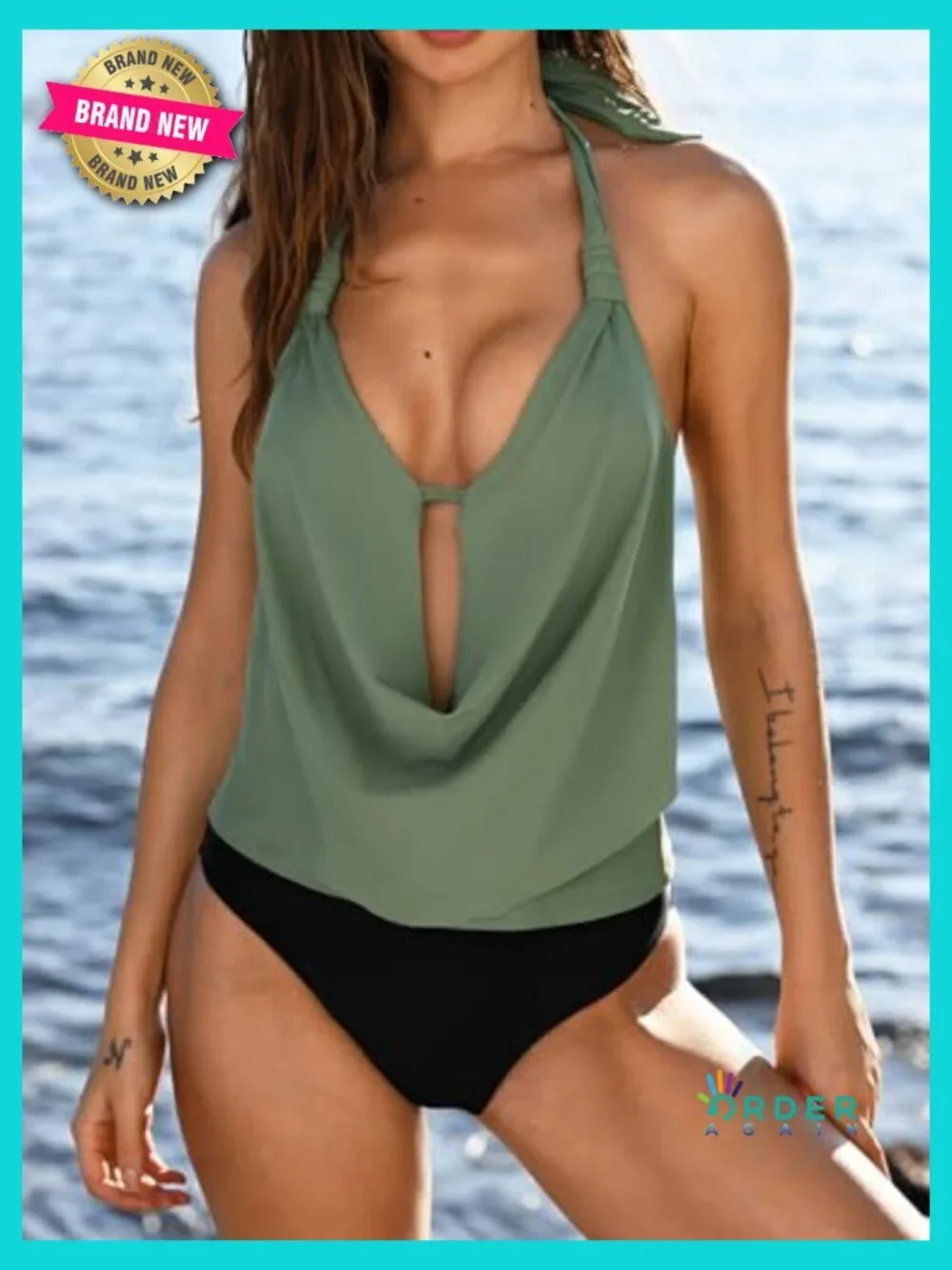 Tankini Bathing Suit Halter Deep V Cowl Neck Low Back High Waisted Swimsuit Set